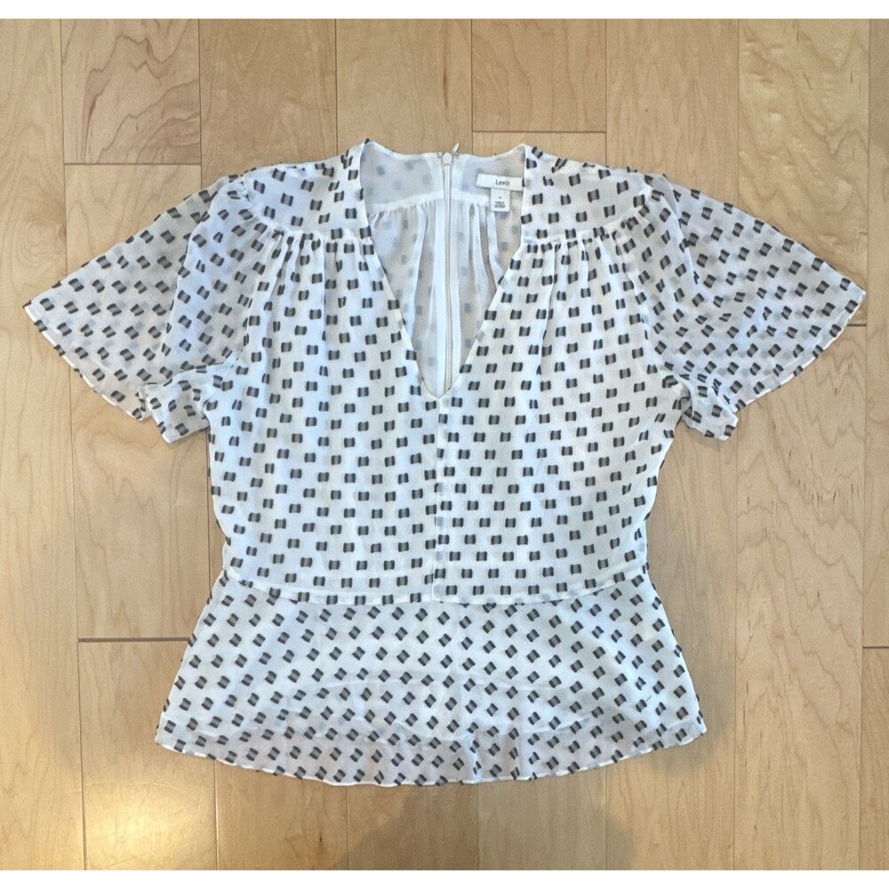 Lewit Women's S Cotton/Silk White Black Geometric V-Neck Zip Blouse Top